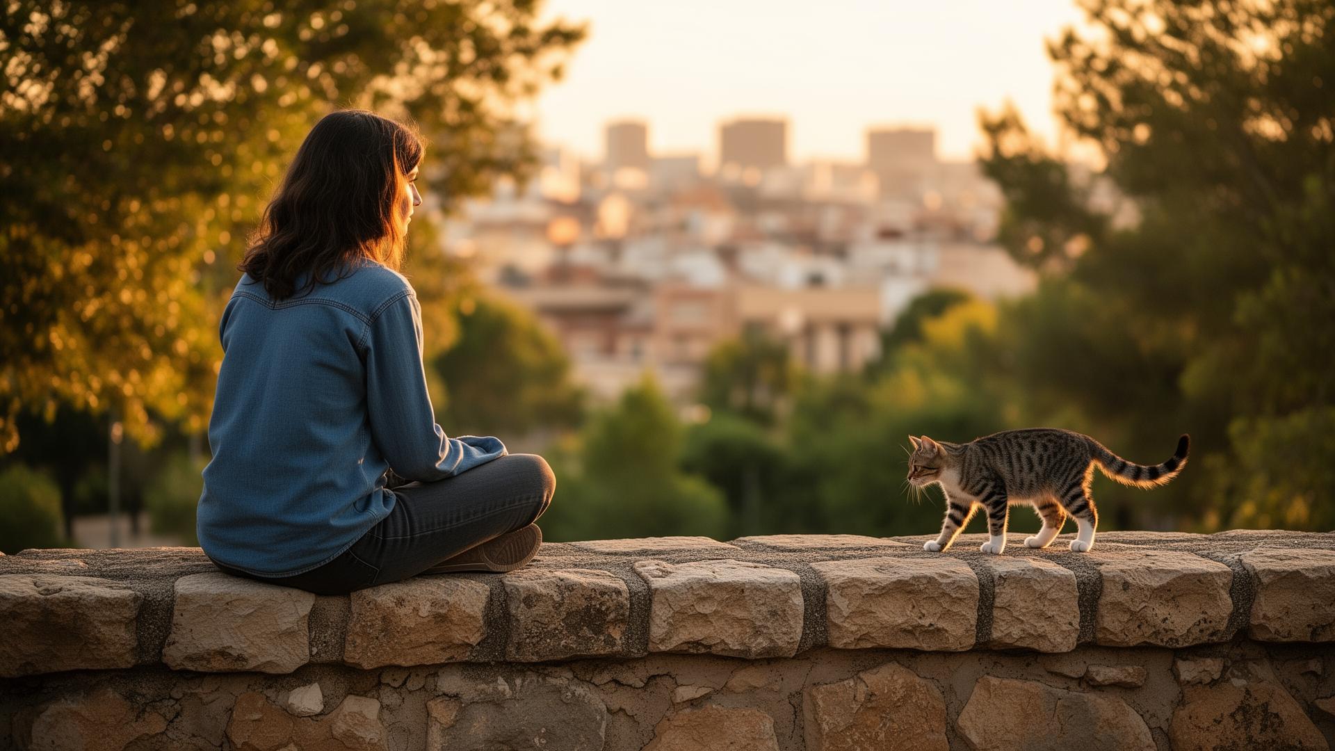 Persona observando una colonia felina al atardecer